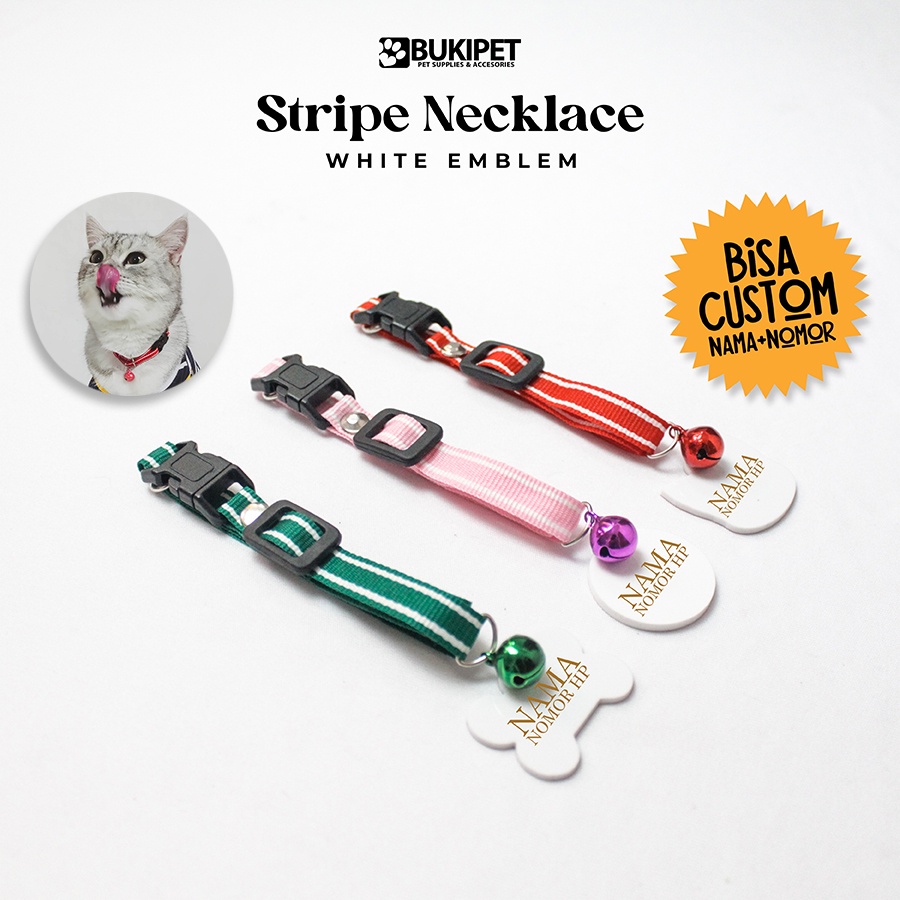 Kalung Kucing Custom Nama Bahan Nylon Stripe Murah - FINO NECKLACE ( AKRILIK PUTIH )