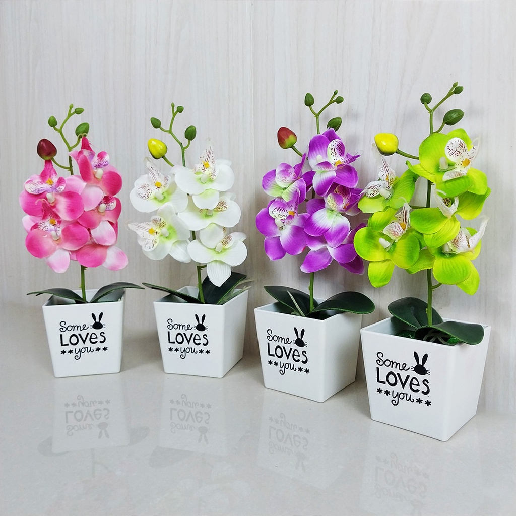 Satu7an PBP08 BUNGA ANGGREK PLASTIK BUNGA PALSU + POT BUNGA DECORATIVE FLOWER LATEX ARTIFICIAL