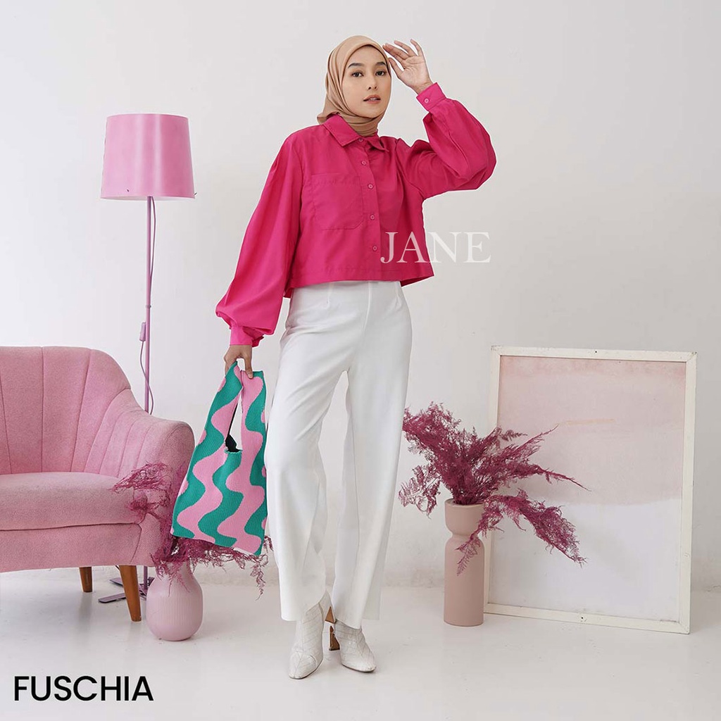 JANE COLLECTION || Kemeja Kerja Putih Wanita Atasan Crop Shirt Hitam Fashion Wanita OOTD Casual Kemeja Boly Fuschia