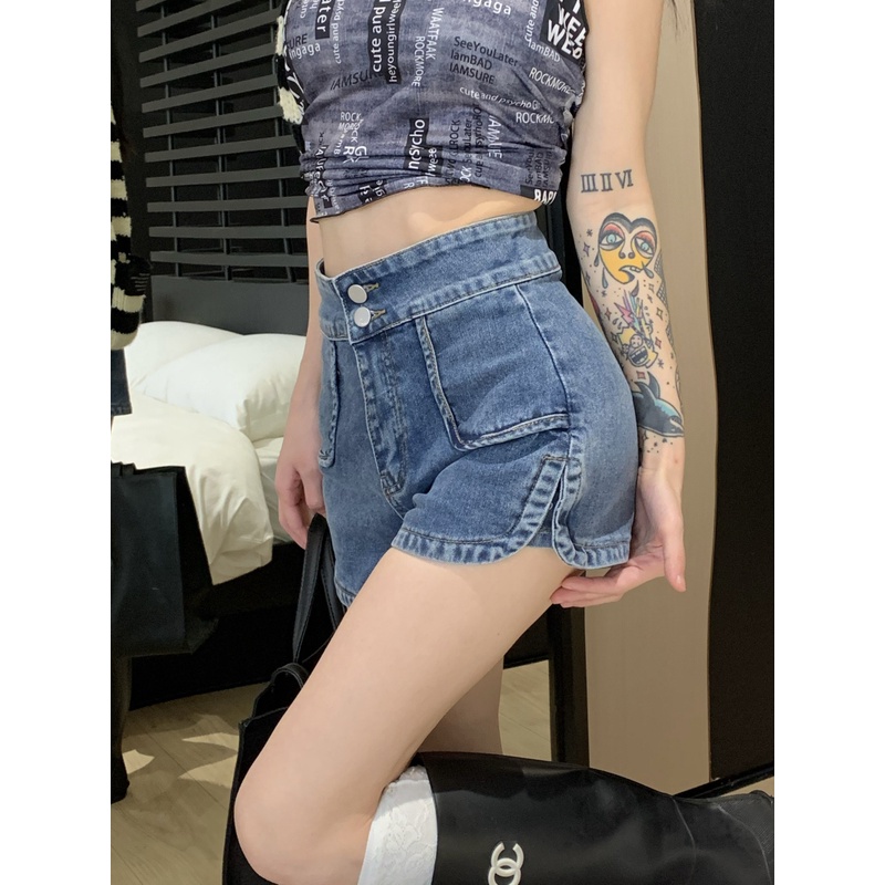 Red Pakaian wanita trendi untuk anak perempuan ~ gadis seksi yang manis terlihat kurus dan celana serba cocok celana pendek denim kasual pinggang tinggi celana pendek wanita pasang