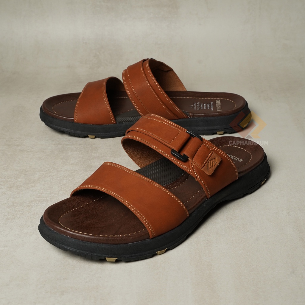 CAPHARNAUM [RAMBO 201] Sendal Selop Ban 2 Kulit Gesper Sandal Slip On Kasual Pria Kulit Premium