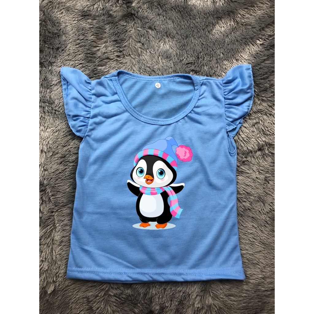 Kaos Anak Perempuan | Kaos Ruffle Tee Penguin Syal | Baju Anak Perempuan