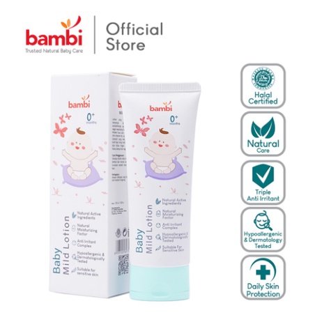 Bambi Baby Mild Lotion 100ml / Body Lotion Bayi Kulit Normal - Sensitif Kaya Kandungan Protein Susu Nabati / Moisture Pelembab