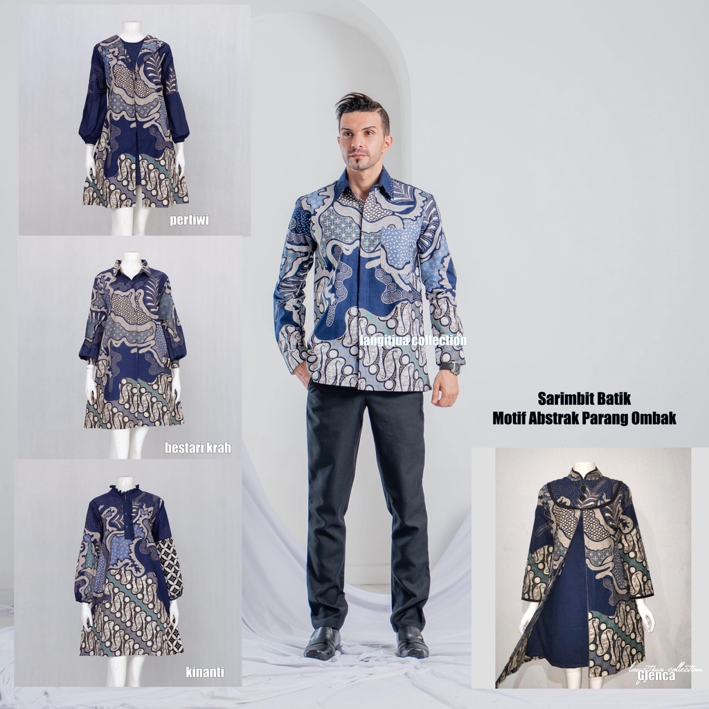 SARIMBIT BAJU BATIK MOTIF ABSTRAK PARANG-OMBAK NAVY | COUPLE BAJU BATIK KEMEJA DAN TUNIK