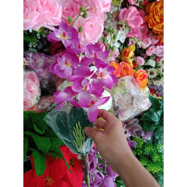 Bunga anggrek artificial/anggrek latex 2 cabang dengan pot bulat