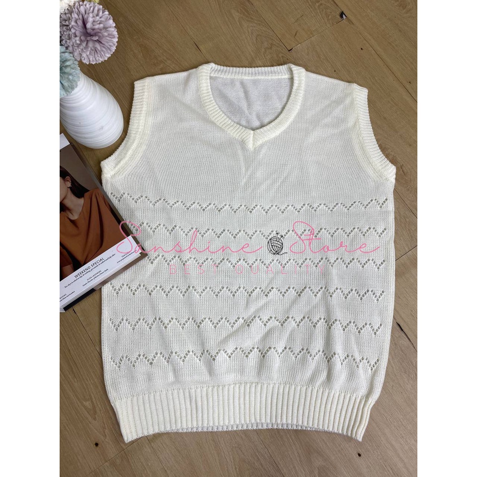 Rompi Rajut Wanita Jumbo Knit Vest Kerah Bulat Kutung Motif Bolong Bolong