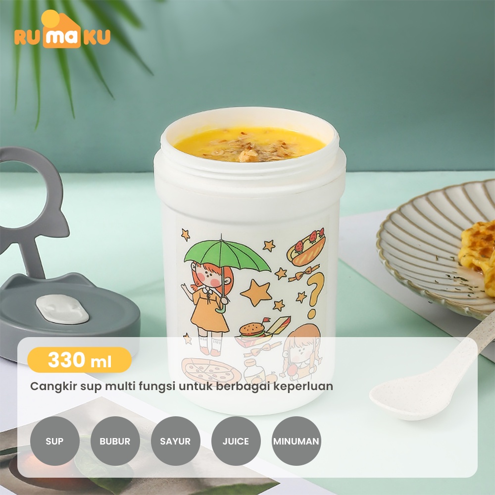 Rumaku Cangkir Sup Tempat Sup Anti Tumpah Wadah Sup 330ml DIY Sticker Tahan Panas Gratis Sendok BPA FREE