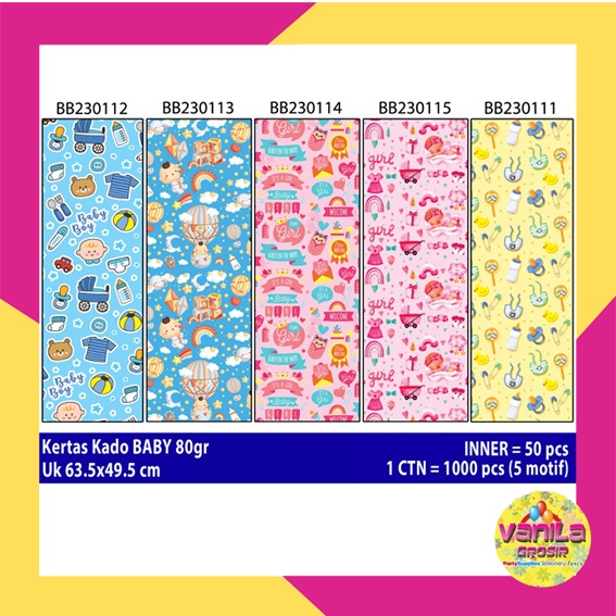 

Kertas Kado Motif Baby/Kertas Kado Pita/Kertas Kado Motif Trolly Baby/Kertas Kado Setara Sanwa Sansan Wawa