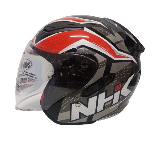 HELM NHK R1 SUBJECT BLACK RED SILVER HALF FACE NHK R1 DOUBLE VISOR