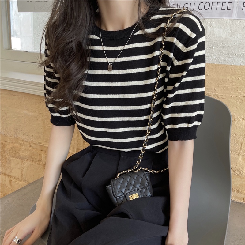 XIAOZHAINV Korean Style Knit Stripe Kaos Atasan Wanita 0390