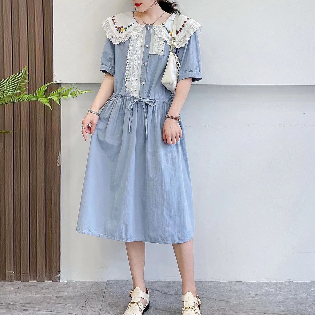 DRESS KATUN PREMIUM BIRU MUDA KERAH PUTIH OVERSIZE COLLAR BORDIR LACE IMPORT