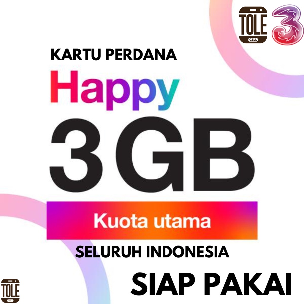 Kartu Perdana Three Happy Kuota 28GB 12GB 8GB 3GB Nomor Tri AON 2GB Nasional Simcard 4G