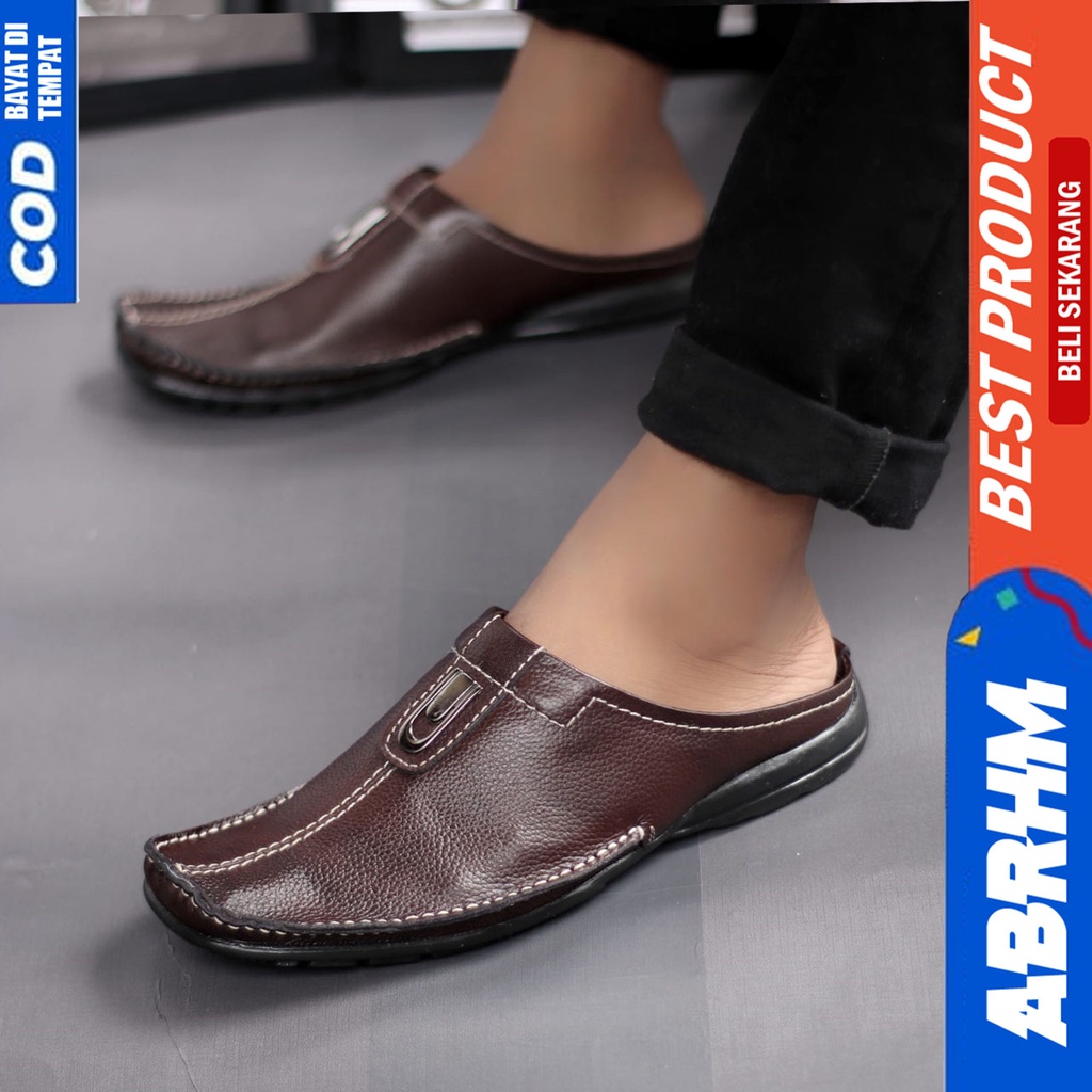 Sepatu Sandal Casual Bustong Pria Kulit Asli Tutong Hitam Abrhm Ergo