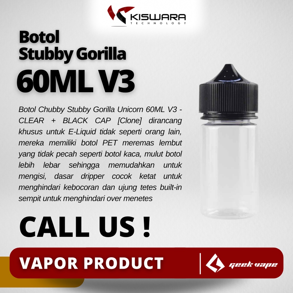 Botol Chubby Stubby Gorilla Unicorn 60ML V3 - CLEAR + BLACK CAP [Clone]