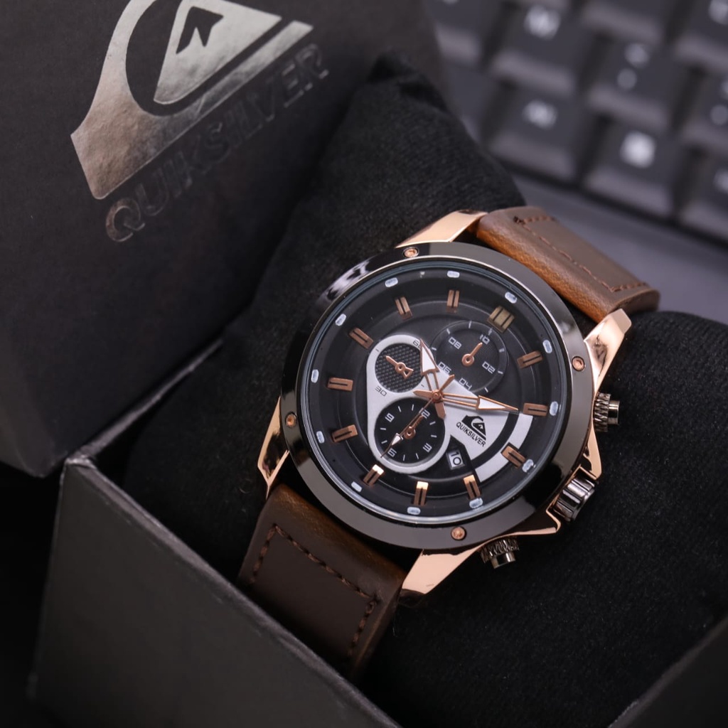 Jam Tangan Pria Elegant Quiksilver LS7389 Strap Kulit Free Box Ori Chrono Variasi & Tanggal Aktif - 