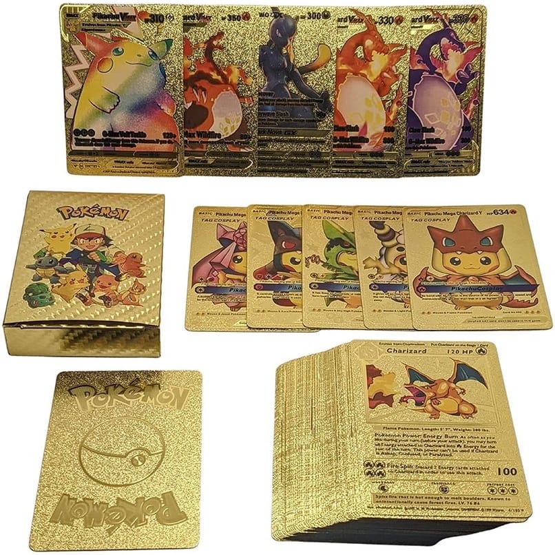 10Pcs Pokemon Emas Foil Kartu Anime Kartun Pokemon Versi Bahasa Inggris Kartu Tcg untuk Penggemar Koleksi