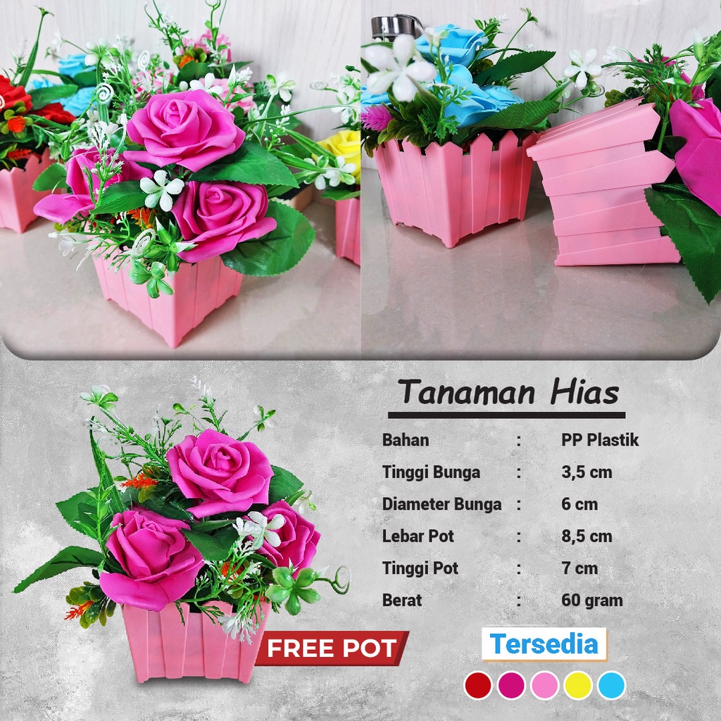 Tanaman Hias Plastik Pot Bunga Mawar Mini Ornamen Pajangan Dekorasi Rumah Artificial Import Murah Satu7an PBP105