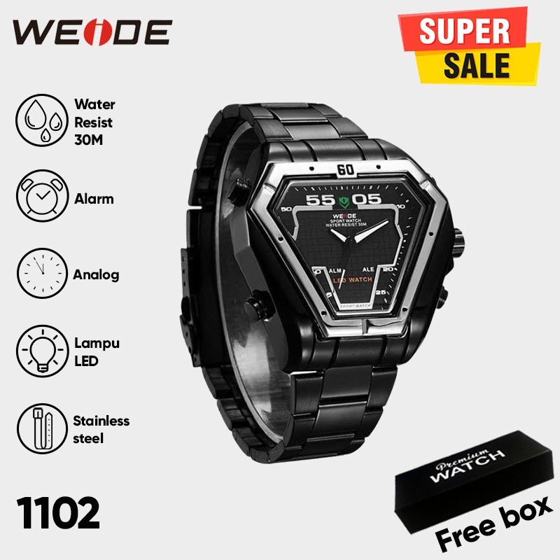 Weide 1102 Jam Tangan Pria Casual Fashion Sport Analog Quartz - Digital Stainless Steel 50 mm - Anti Air 30 M - All Button Active