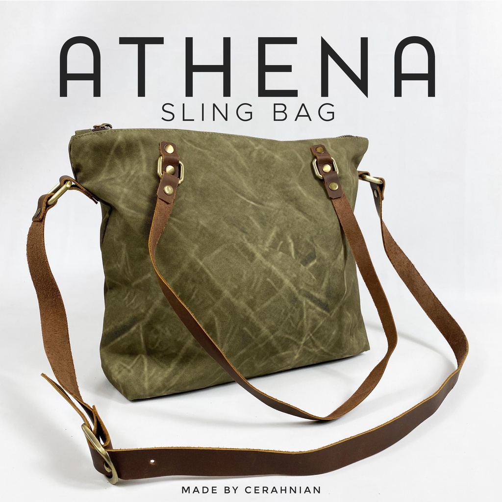 Tas Selempang Wanita Canvas Wax Bag Minimalis Strap Kulit Asli Leather (ATHENA)