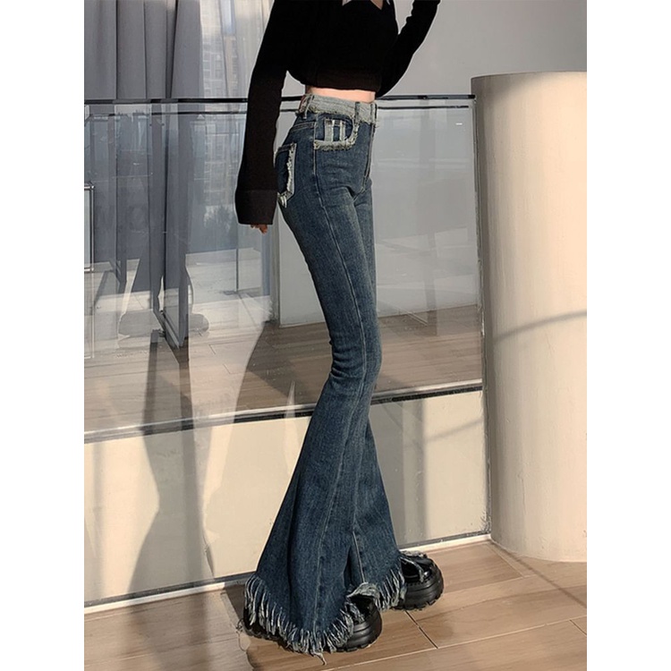 Red Retro Elastis Ukuran Besar Micro Flared Jeans Wanita 2023 Musim Semi dan Musim Panas Desain Baru Lemak MM Ukuran Besar Lebar kaki Celana