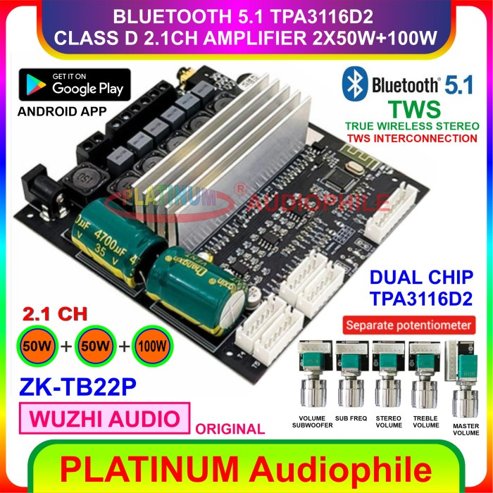 Tpa3116 Amplifier Class D 2.1 Ch Bluetooth 5.1 Amplifier Zk-Tb22P