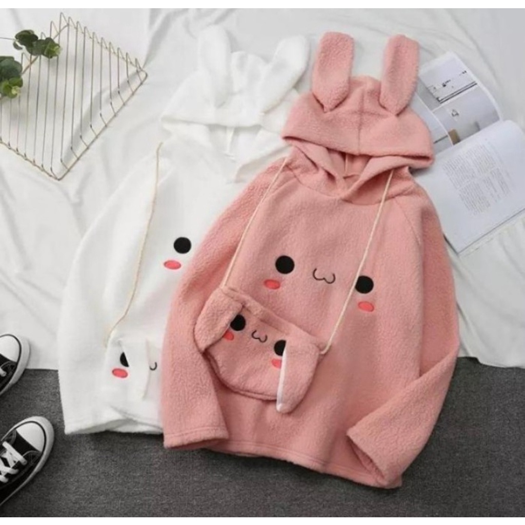 EAR RABBIT HOODIE WANITA BAHAN FLEECE KOREAN FASHION OUTFIT SANTAI KEKINIAN