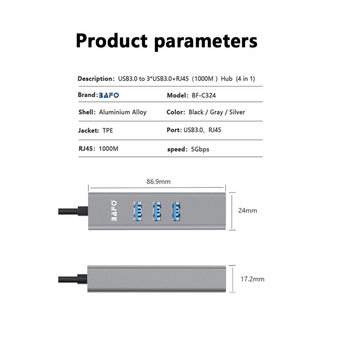 Usb-A 3.0 to rj45 lan adapter bafo Gigabit 1000Mbps ethernet with 3 port usb3.0 hub 5Gbps for pc laptop bf-a324 a-324