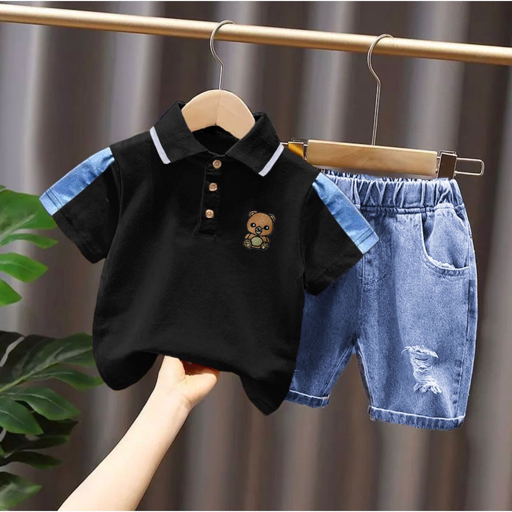 PROMO-SETELAN POLO DENIM JEANS 1-5 TAHUN SETELAN ANAK LAKI LAKI BAJU ANAK LAKI-LAKI BAJU ANAK POLO BEAR DENIM