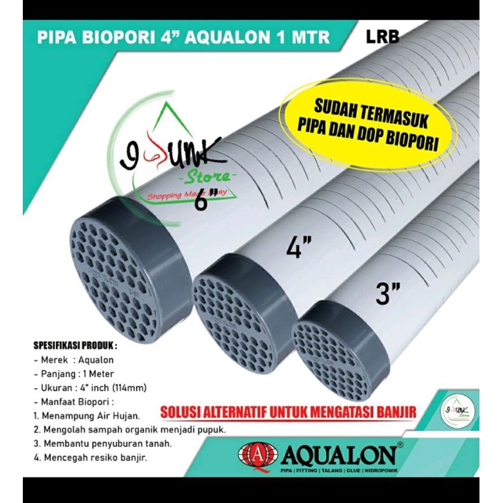 pipa biopori 4 inch dengan tutup 1 meter / sumur resapan biopori 4 inch AQUALON