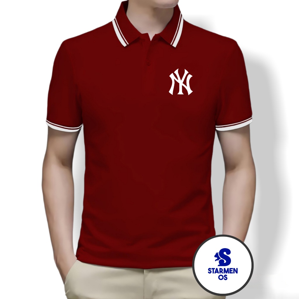 Kaos Polo Shirt Pria Kerah List Putih logo NY