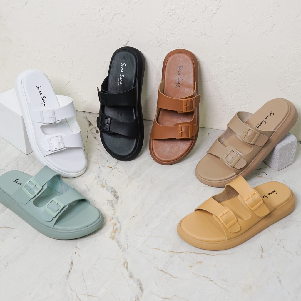 Sara Sara JOI Sandal Slop Wanita Kekinian Sendal Flat Casual Cewek Ban Dua Gesper Terbaru