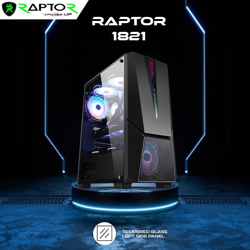 Power Up Casing Raptor 1821 Mid Tower With Led Strip 1 Fan Case RGB Tempered Glass