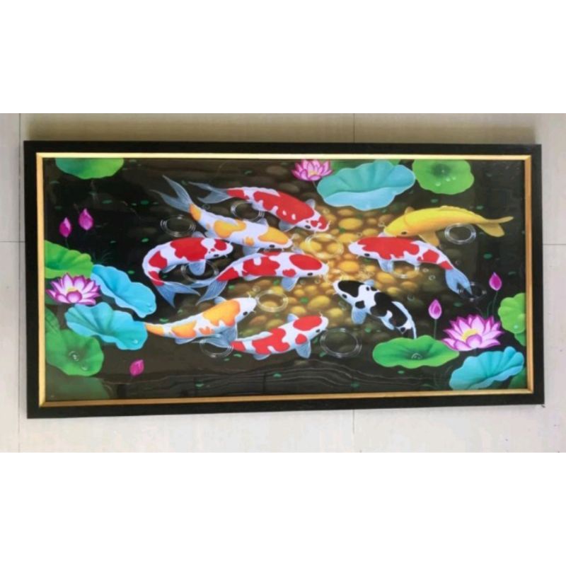 Hiasan dinding cetak gambar lukisan ikan koi plus bingkai ukuran100x50