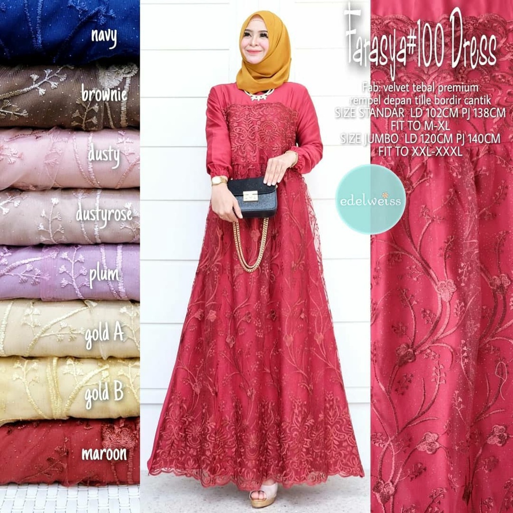 Farasya Dress #100 Brukat Tile Mutiara Bahan Velvet Tebal Premium Gamis Kondangan Super Jumbo xxxl Ld 130cm Gaun Pesta Resepsi Akad Pernikahan Seragaman Bridesmaid Outfit Kondangan Terbaru Gamis Lebaran Remaja Muslimah Terlaris