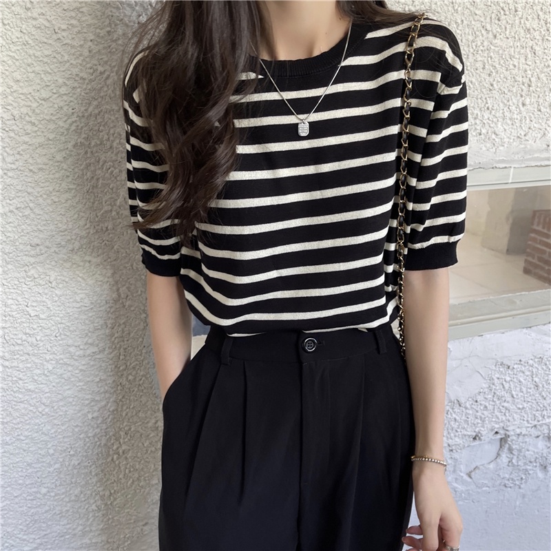 XIAOZHAINV Korean Style Knit Stripe Kaos Atasan Wanita 0390