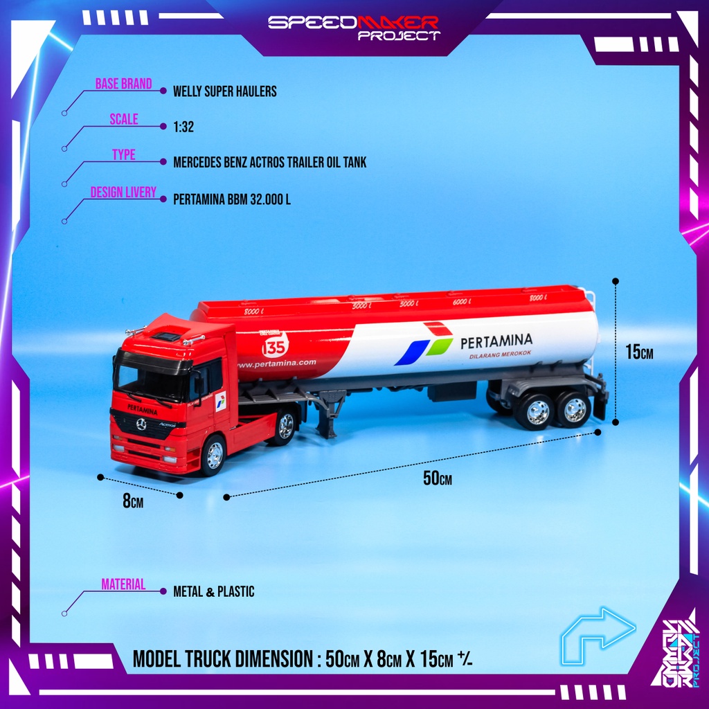 Welly Super Haulers Custom Mercedes Benz Actross Truck Trailer Pertamina Diecast Miniatur Replika Tr