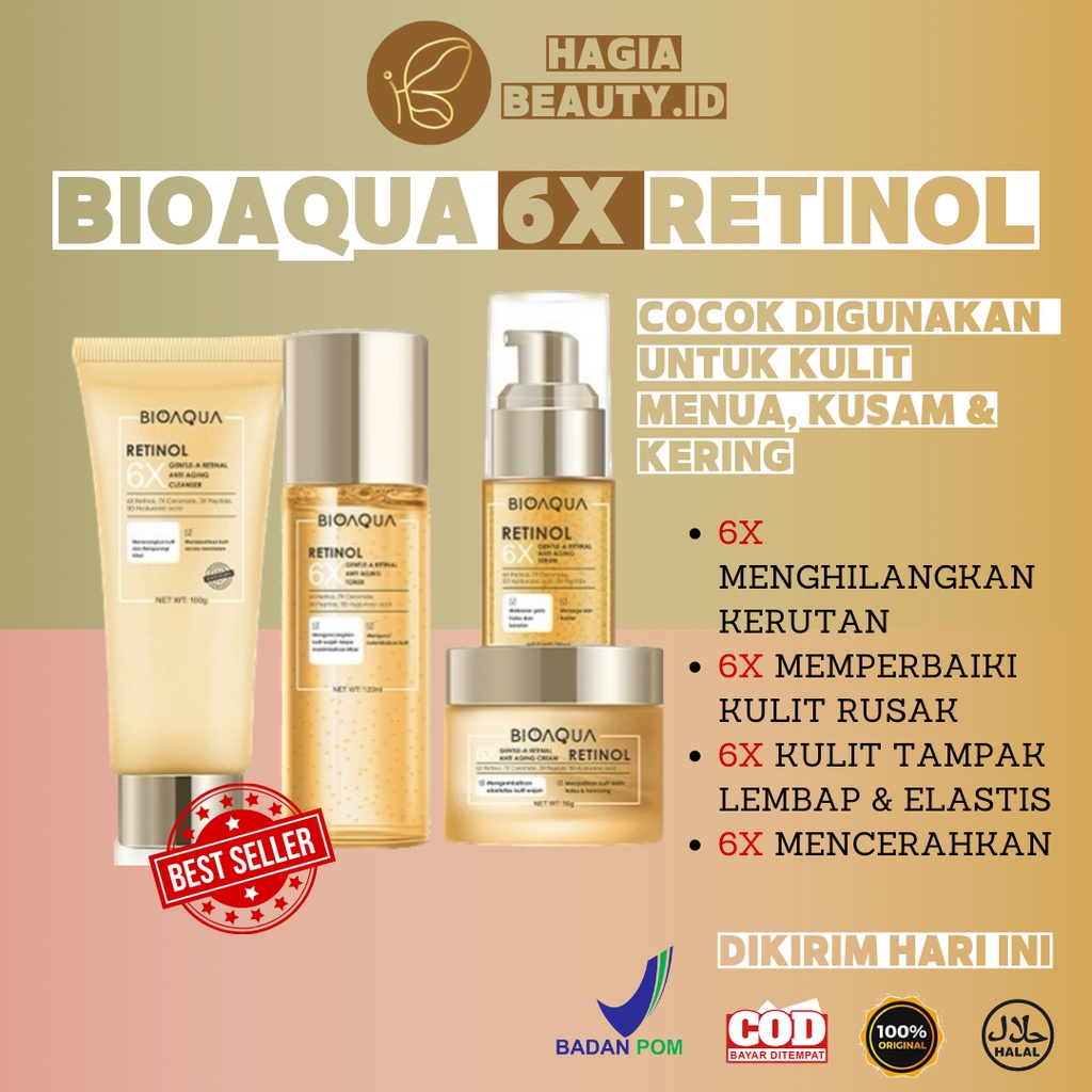 Bisa COD - BIOAQUA 6x Gentle A Retinol Anti Aging Kit 4 in 1 (Moisturizer, Serum, Toner, Cleanser) Skin Care Kit with Ceramides Peptides Hyaluronic Acid untuk Ageing dan Sensitive Kulit BPOM dan HALAL