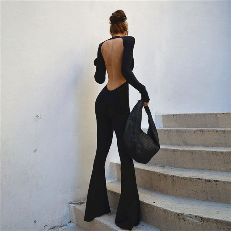 Red Xeemilo sexy hot gadis backless lengan panjang jumpsuit wanita gaya barat ceruk slim fit berkobar celana kasual celana