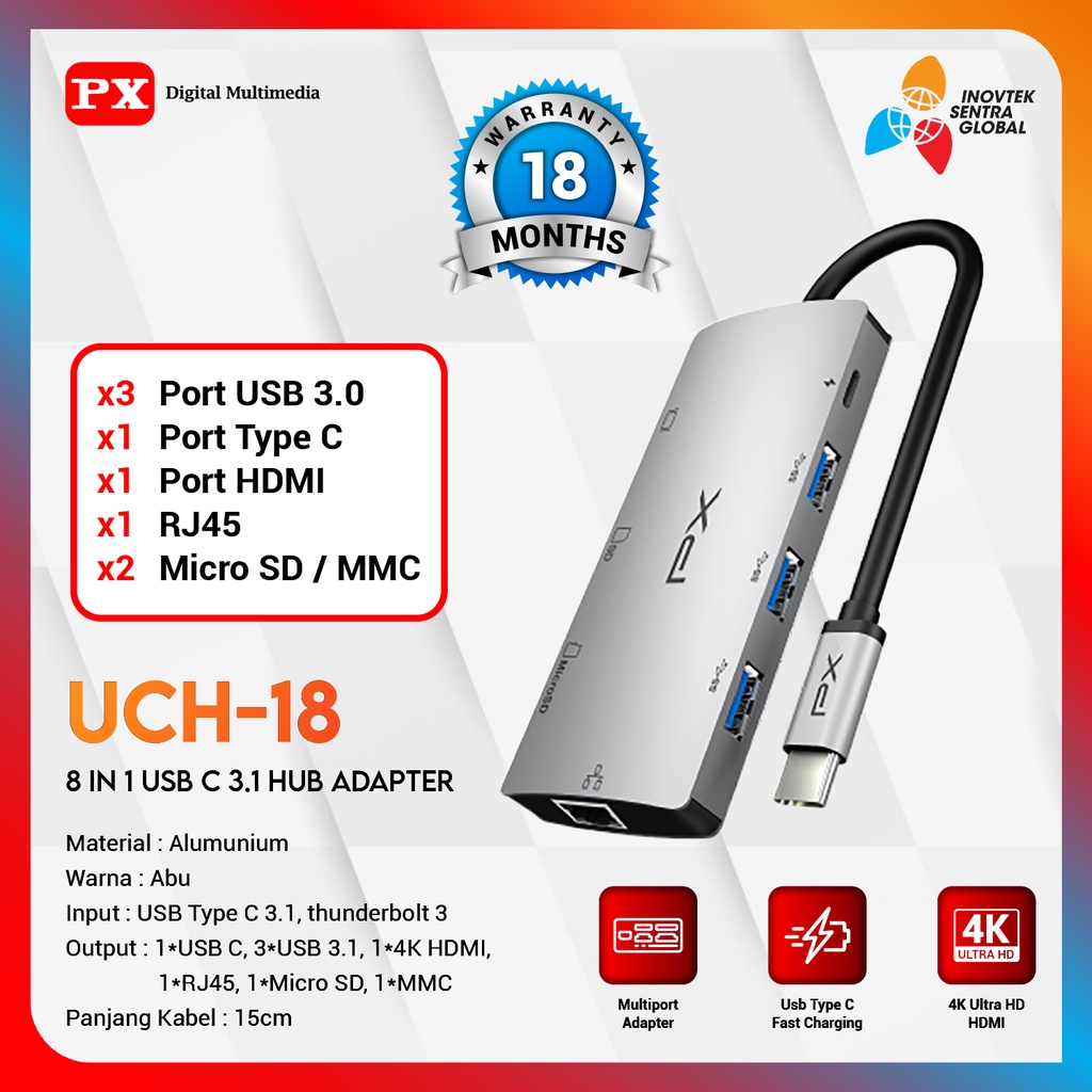 PX UCH18 USB Hub Adapter Converter 8in1 Type C USB 3.1