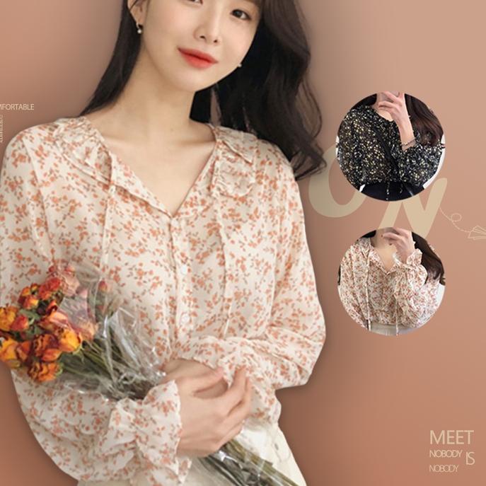 Newlan XF008 Kemeja Sifon Blouse Wanita Korea Blouse Sifon Lengan Panjang Blus Wanita Musim Panas Ca