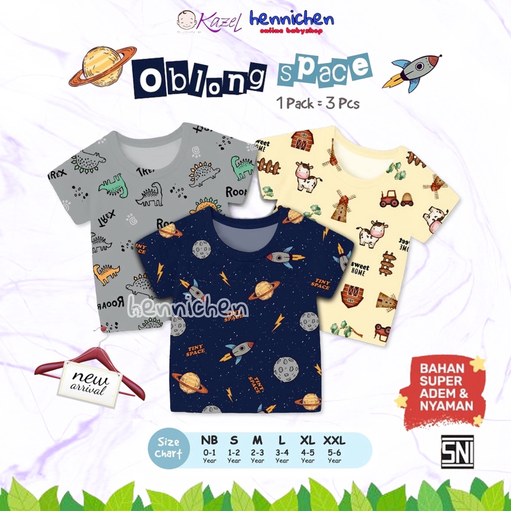 3pcs KAZEL TSHIRT OBLONG TIPIS SPACE 0-6 TAHUN KAOS OBLONG TIPIS / ATASAN SEHARI HARI ANAK LAKI-LAKI