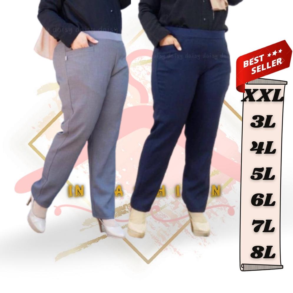 HARGA TERMURAAH Celana Kerja Wanita Pinggang Karet Melar Big Size Super Jumbo Bahan Dasar Kain Katun