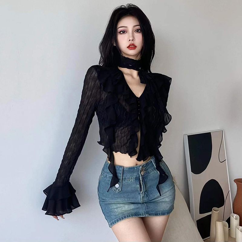 Red Adik kerajaan gaya suasana hitam ruffles jahitan V-neck lengan panjang T-shirt jantung mesin mesh perspektif slim chic top