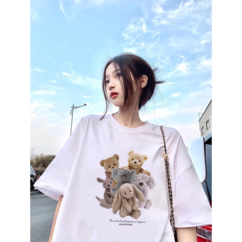 100% Katun Graphic Tee Kaos Couple Baju Wanita Atasan Wanita Oversize Kaos Cute Bear Putih T-shirt Couple Korean Style/baju kaos