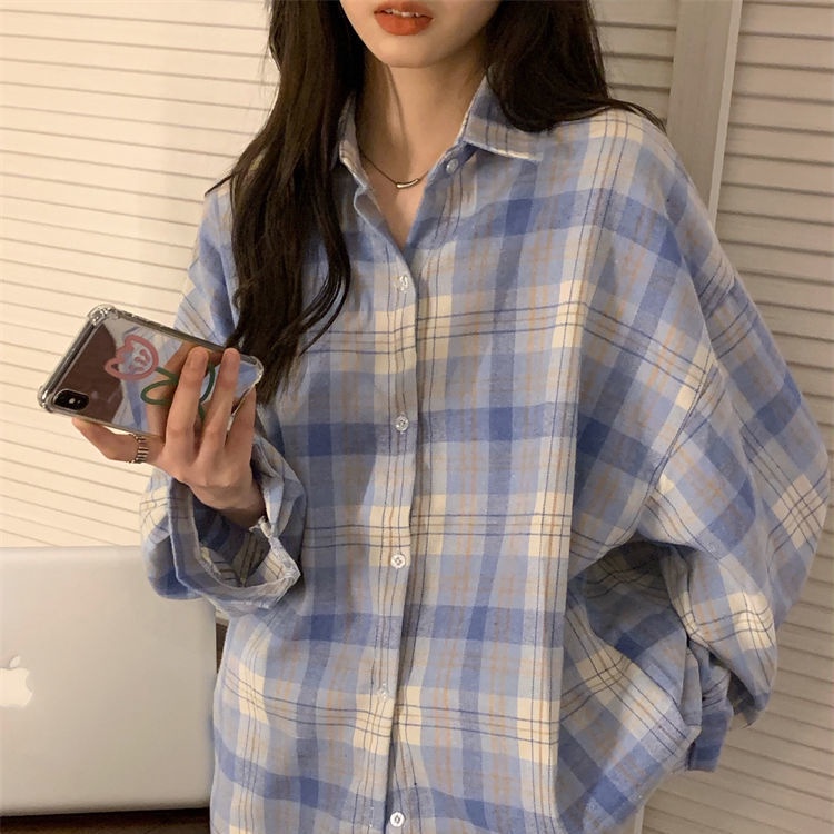 Red Kemeja kotak-kotak biru wanita kebesaran kasual longgar bf awal musim semi rasa desain jaket kemeja lengan panjang jaket trendi