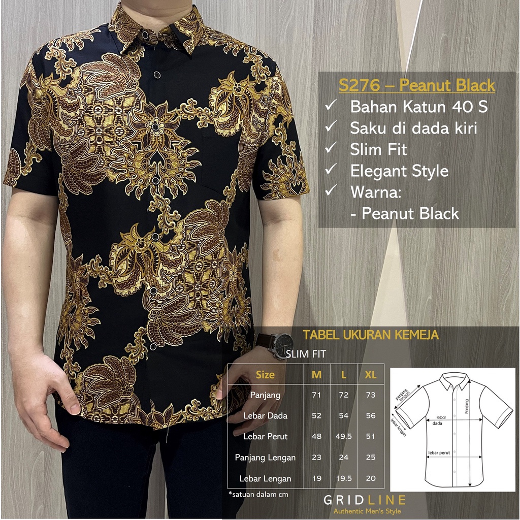 [GRIDLINE - S276 Peanut Black] Kemeja Batik Pria Katun Lengan Pendek Slimfit Keren Modern Elegant