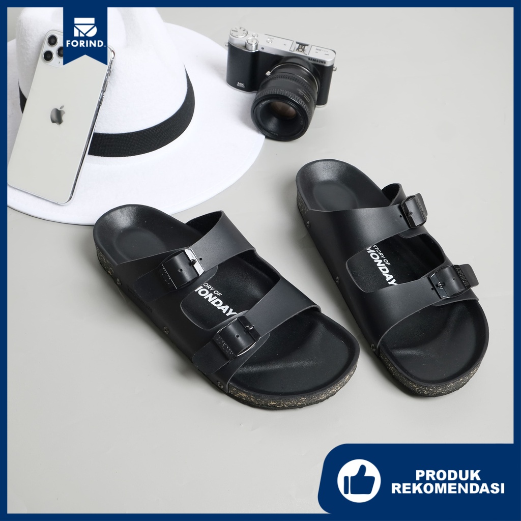 Yuno Full Black | 36-46 | Sandal Slop Kulit Original Ori Santai Kasual Casual Distro Pria Wanita Cowok Cewek Sendal Footwear | FORIND x Story of Monday