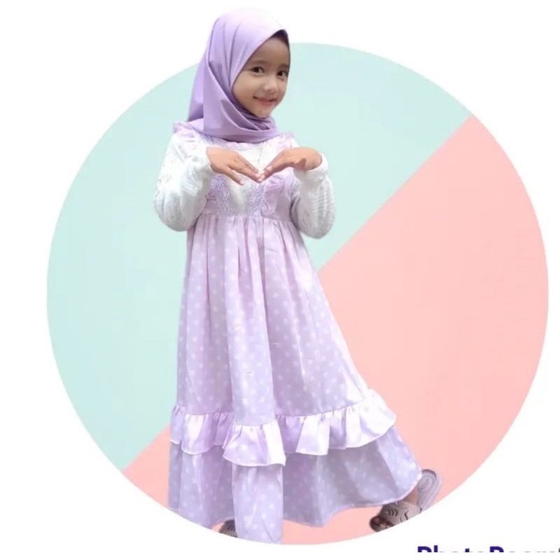 Gamis warna LILAC anak polka dot free  jilbab 2-10tahun