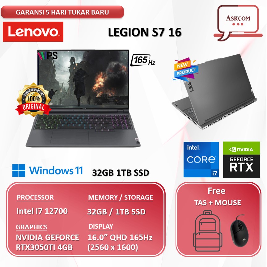 Laptop Gaming Lenovo Legion S7 16 RTX3050TI 4GB I7 12700 32GB 1TB SSD W11 16.0QHD IPS 165HZ