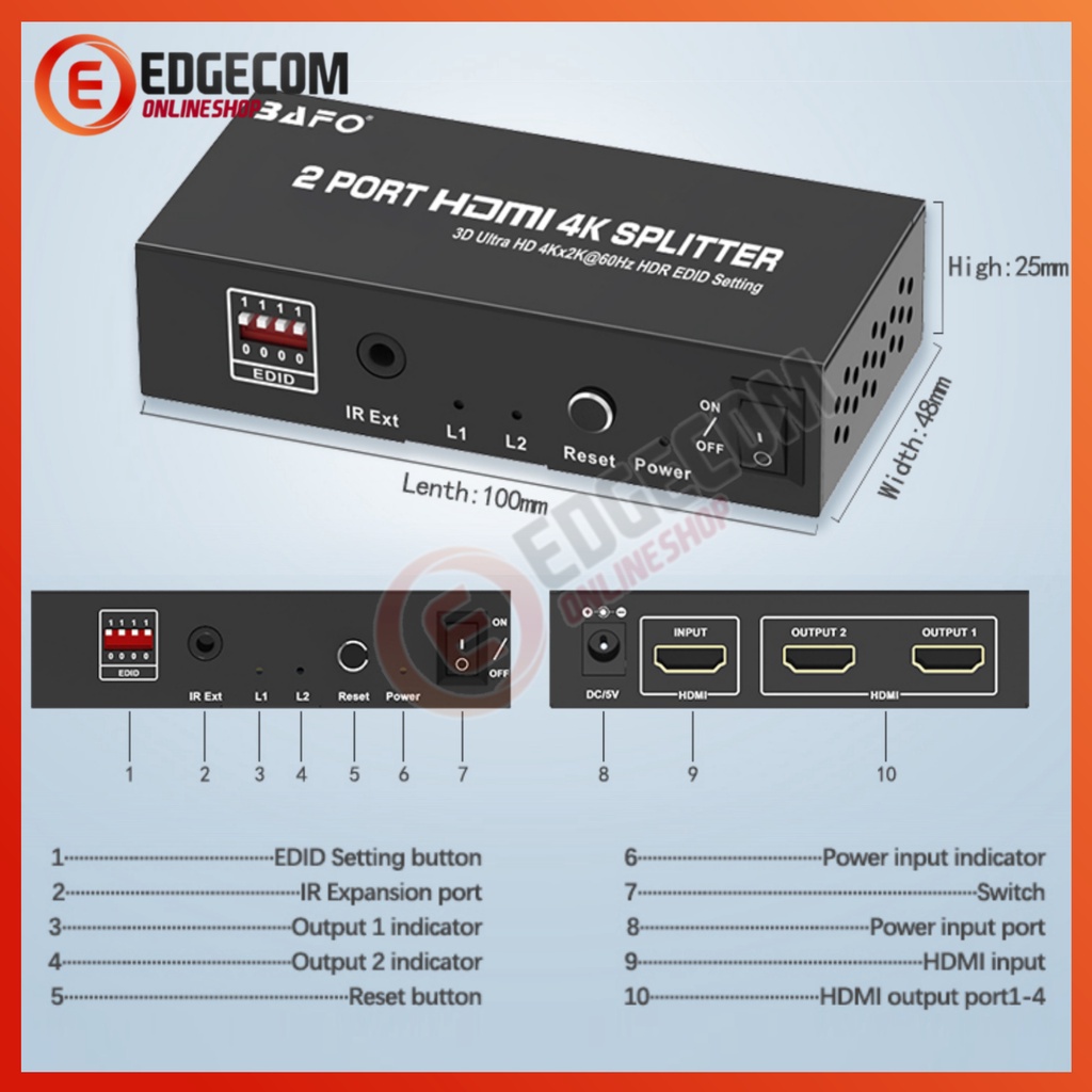 BAFO HDMI Splitter 2 Port support 4K UHD. 1 input to 2 output